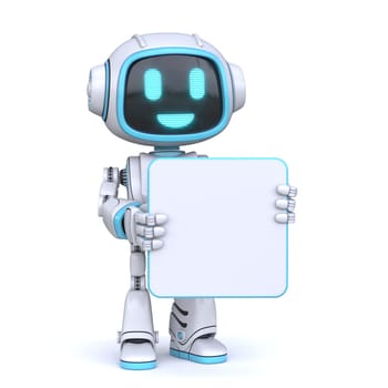 Cute blue robot holding blank square board 3D rendering illustration isolated on white background
