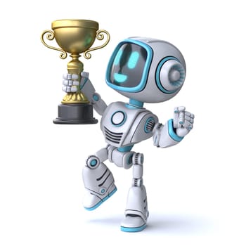 Cute blue robot celebrates victory 3D rendering illustration isolated on white background
