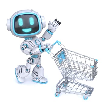 Cute blue robot push empty shopping cart 3D rendering illustration isolated on white background