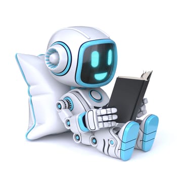 Cute blue robot enjoys reading book 3D rendering illustration isolated on white background