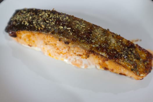 Salmon Steak with Grilled  on white dish