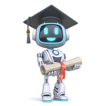 Cute blue robot giving diploma 3D rendering illustration isolated on white background