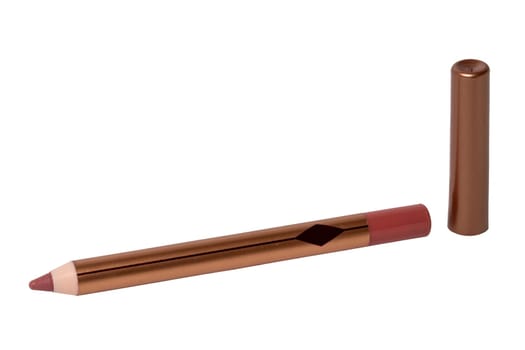 Cosmetic tools. Macro photograph of a professional brown lip liner pencil isolated on a white background. Beauty concept.