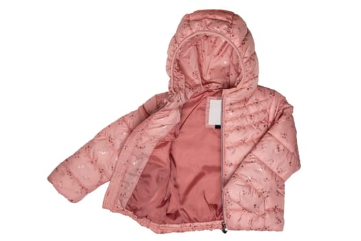 Childrens winter jacket. Stylish pink warm winter down jacket for kids isolated on a white background. Winter fashion.