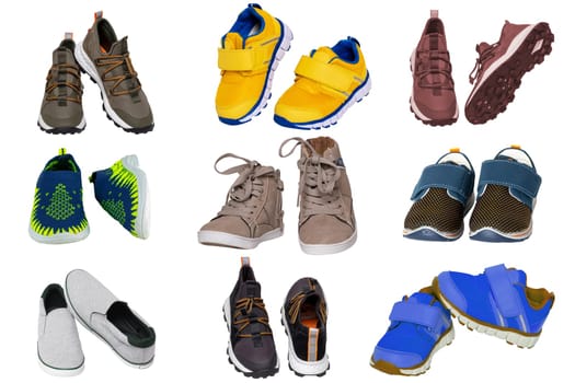 Collage set children summer shoes. Collection of elegant stylish male leather sneakers or sport shoes isolated on a white background. Boys shoe fashion. Modern design footwear for workout. Macro.