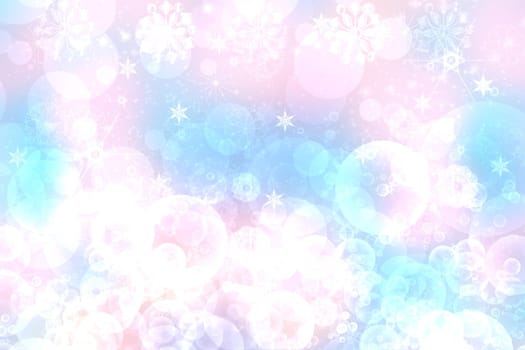 Christmas card template. Abstract festive light blue pink winter christmas or New Year background texture with shiny pink and white bokeh lighted stars. Space for design.