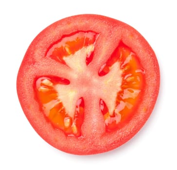 Tomato slice isolated over white background. Top view, flat lay
