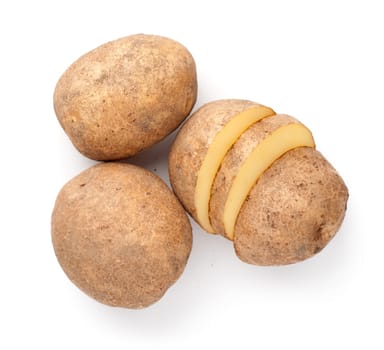 Raw potatoes isolated on white background. View from above