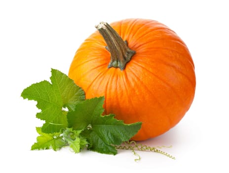 Pumpkin with fresh green leaves isolated over white background