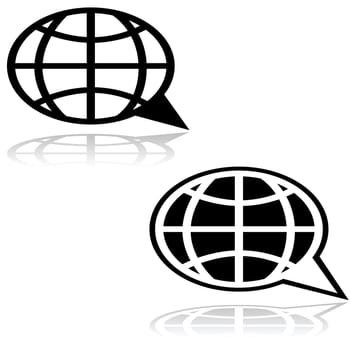 Icon illustration showing a cartoon speech bubble combined with a globe map