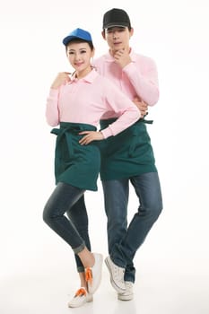 Wear clothing occupation Chinese waiters in white background