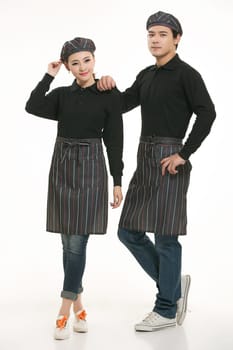 Wear clothing occupation Chinese waiters in white background