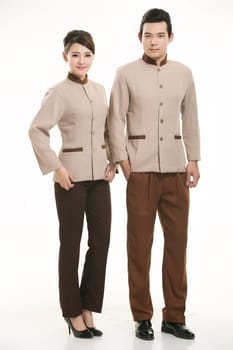 Wear clothing occupation Chinese waiters in white background