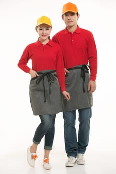 Wear clothing occupation Chinese waiters in white background