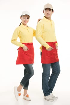 Wear clothing occupation Chinese waiters in white background