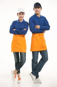 Wear clothing occupation Chinese waiters in white background