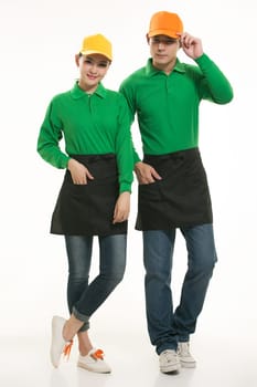 Wear clothing occupation Chinese waiters in white background