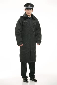 Create all kinds of work clothes policeman stands in front of a white background