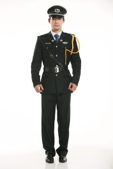 Create all kinds of work clothes policeman stands in front of a white background