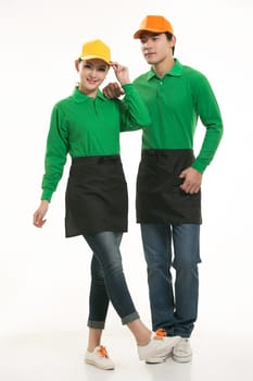 Wear clothing occupation Chinese waiters in white background