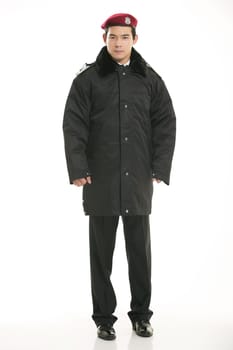 Create all kinds of work clothes policeman stands in front of a white background