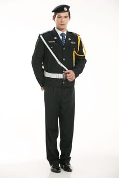 Create all kinds of work clothes policeman stands in front of a white background