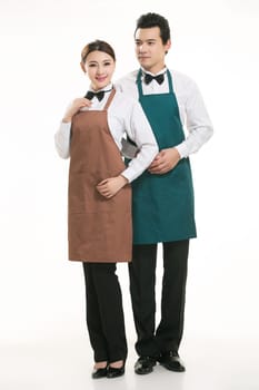 Wear clothing occupation Chinese waiters in white background