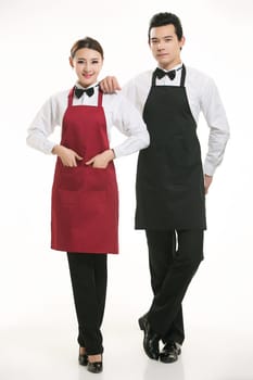Wear clothing occupation Chinese waiters in white background