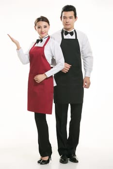Wear clothing occupation Chinese waiters in white background