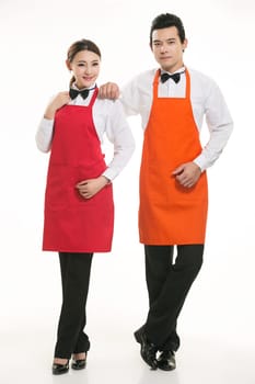 Wear clothing occupation Chinese waiters in white background