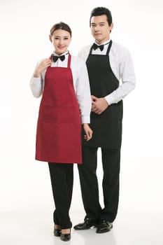 Wear clothing occupation Chinese waiters in white background