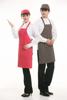 Wear clothing occupation Chinese waiters in white background