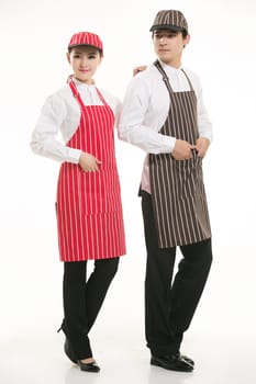 Wear clothing occupation Chinese waiters in white background