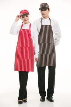 Wear clothing occupation Chinese waiters in white background