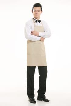 Wear clothing occupation Chinese waiters in white background