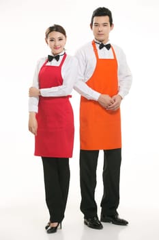 Wear clothing occupation Chinese waiters in white background