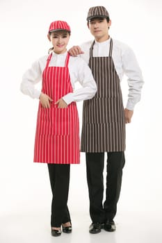 Wear clothing occupation Chinese waiters in white background