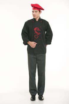 Wearing all kinds of clothing chef dietitian in front of white background