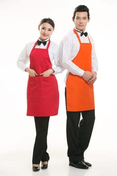 Wear clothing occupation Chinese waiters in white background