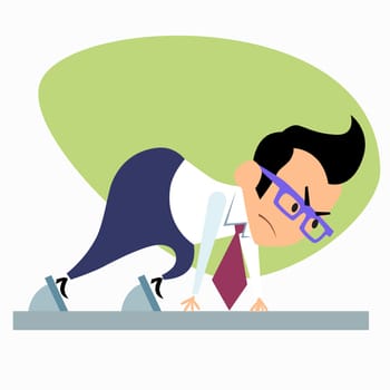 Businessman at the start of the treadmill startup. The image of business as a sport. Businessman in sports situations