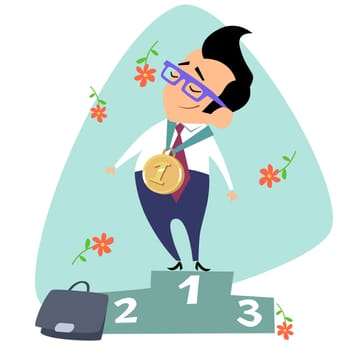 Businessman winner in the first place triumph. The image of business as a sport. Businessman in sports situations