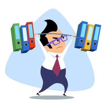 Businessman heavyweight raises the bar with documents. The image of business as a sport. Businessman in sports situations