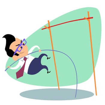 Businessman pole vault height. The image of business as a sport. Businessman in sports situations