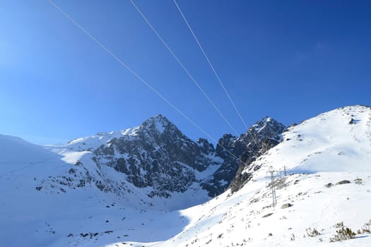 Mountains in winter with cable car