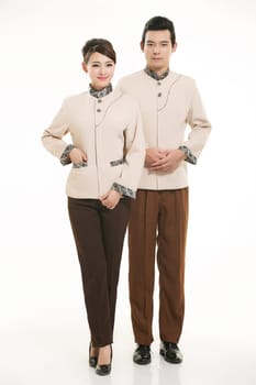 Wear clothing occupation Chinese waiters in white background
