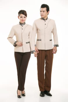 Wear clothing occupation Chinese waiters in white background