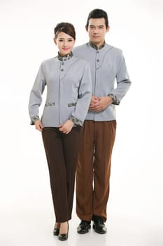 Wear clothing occupation Chinese waiters in white background