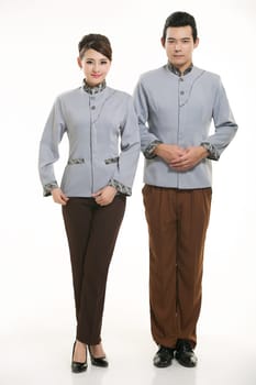 Wear clothing occupation Chinese waiters in white background