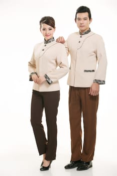 Wear clothing occupation Chinese waiters in white background