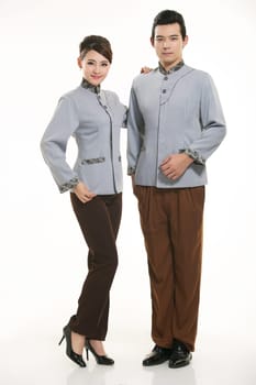 Wear clothing occupation Chinese waiters in white background